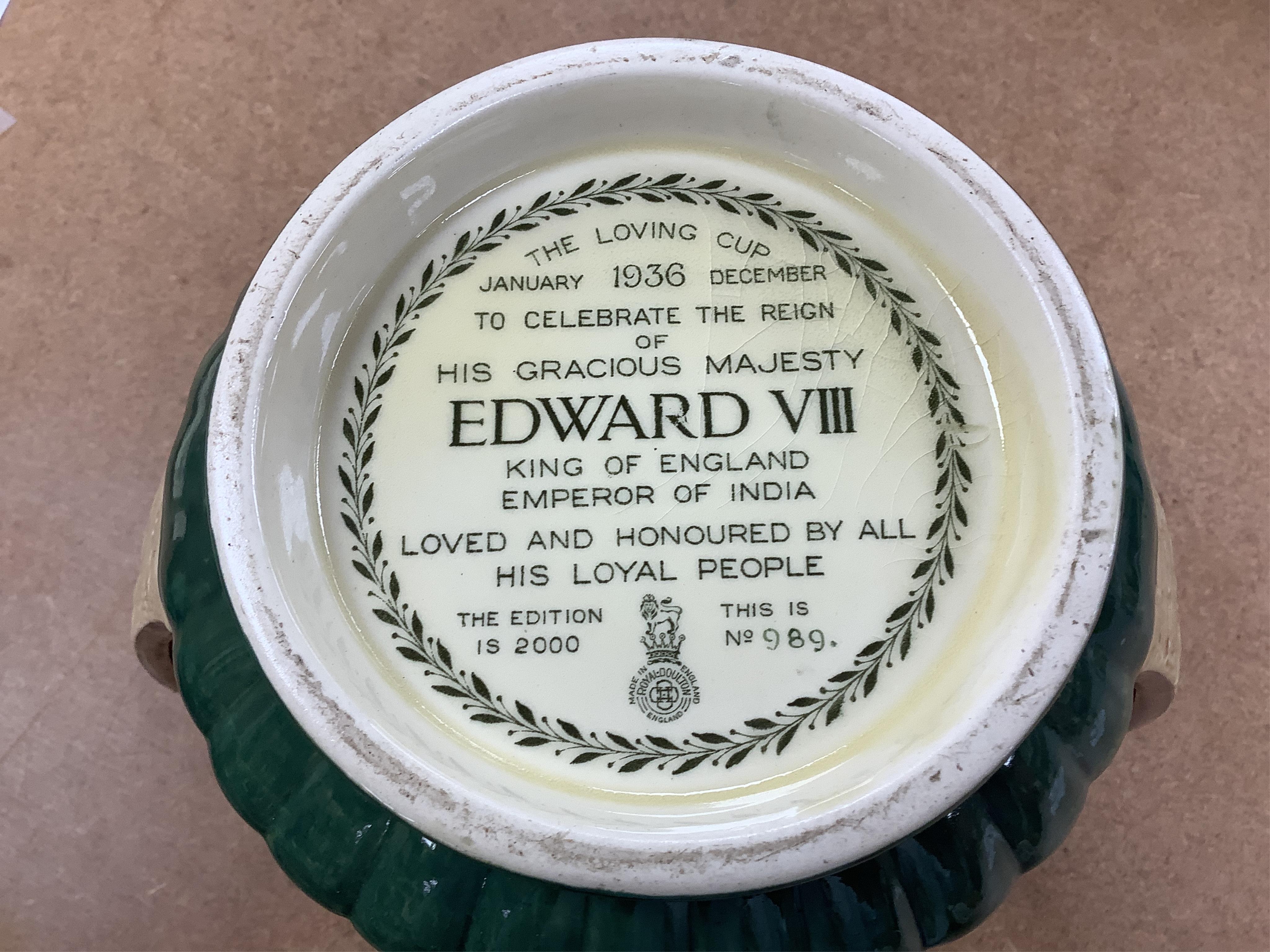 A Royal Doulton Edward VIII commemorative loving cup by Noke, limited edition 989/2000, with certificate, 26cm high